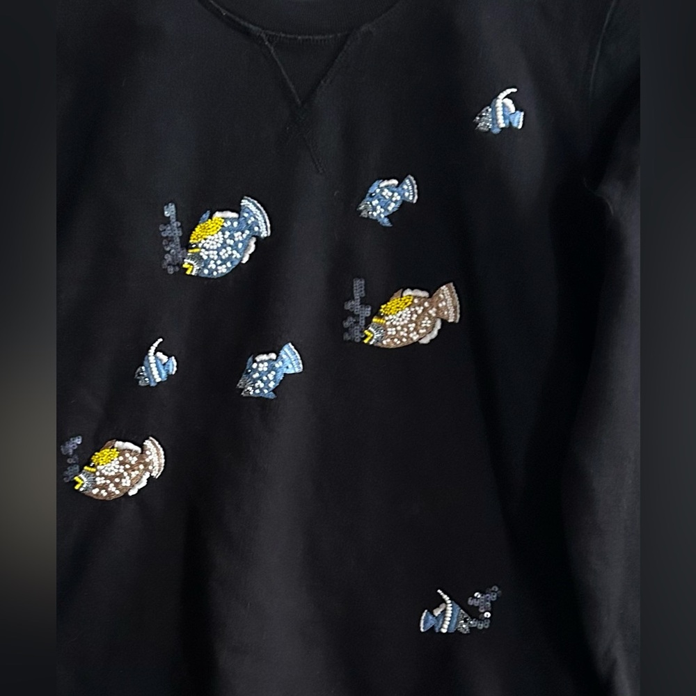Eudon Choi Black Sweatshirt Sweater with Colorful Beaded Fish Blue Orange Brown - Picture 2 of 5